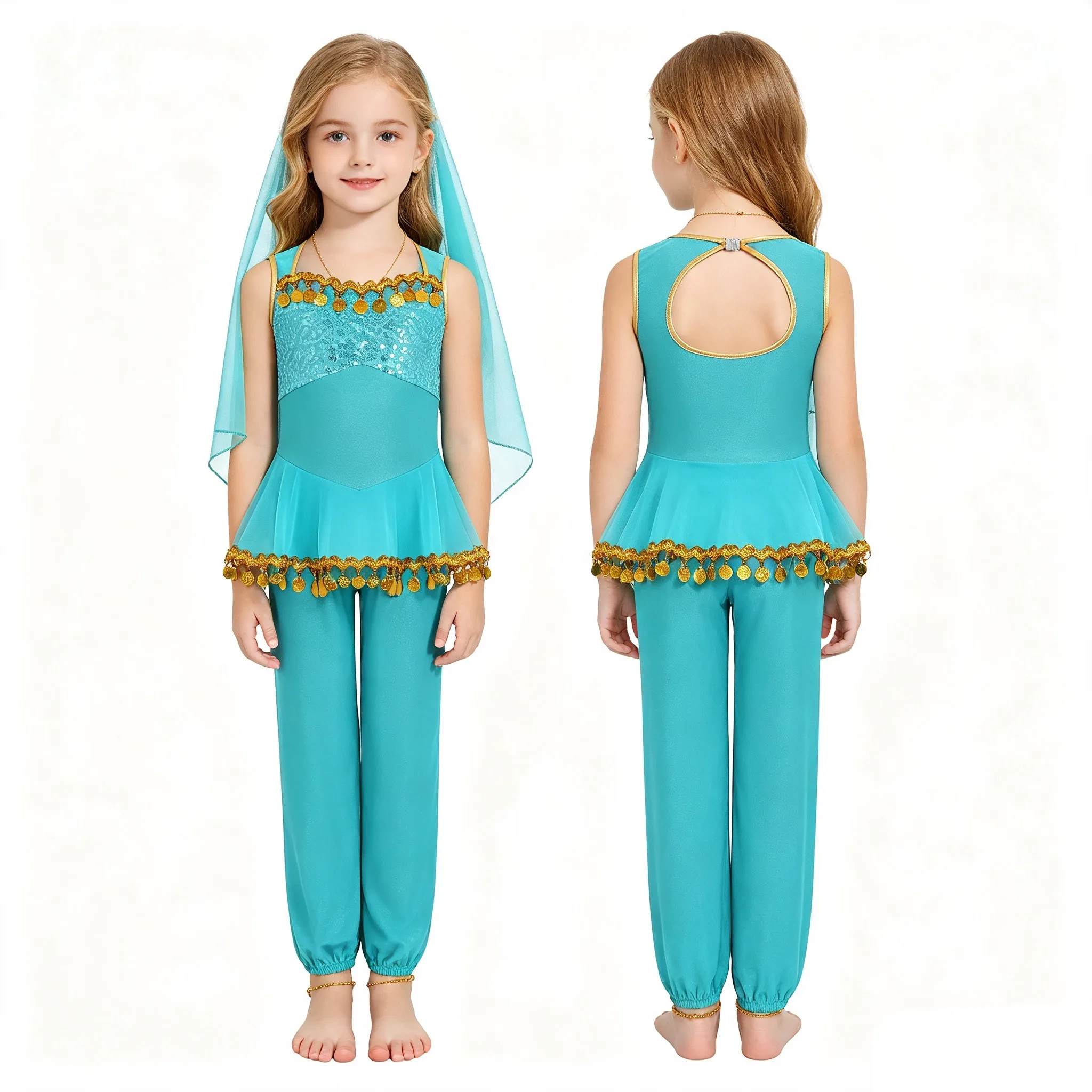 Kids Girls Halloween Carnival Arabian Princess Costume Sleeveless Shiny Sequin Tassel Mesh Jumpsuit Indian Belly Dance Bodysuit