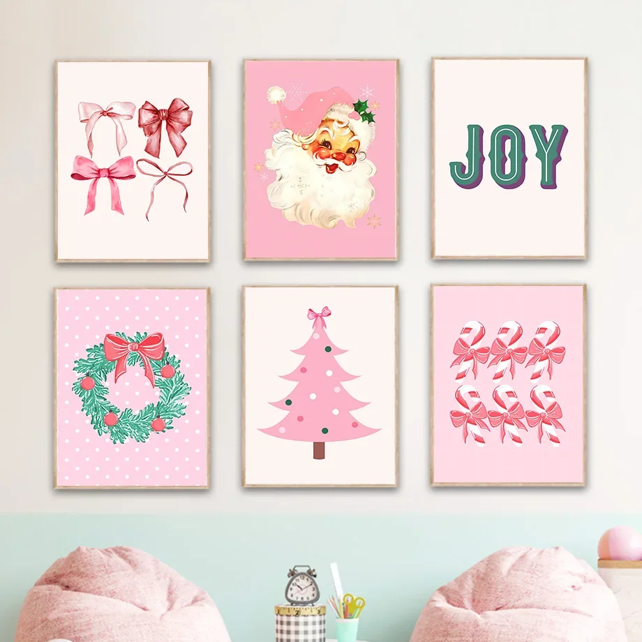 Pink Christmas Tree Santa Claus Merry Bright Joy Quotes Wall Art Canvas Painting Posters And Prints Picture For Kids Room Decor