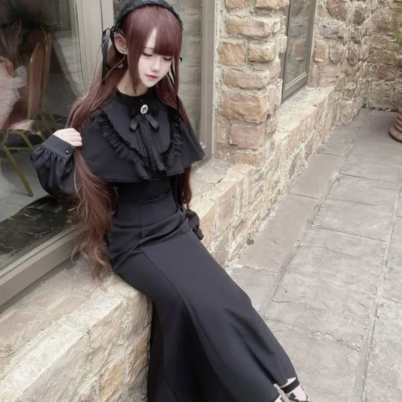 MAGOGO ภาษาฝรั่งเศสคํา Heavy Gothic Lolita สีดําชุดผู้หญิงใหม่ Vintage Elegant Lace แขนยาว Lace - up Slim อารมณ์ชุดยาว
