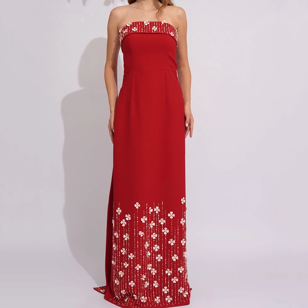 

Customized A-line Evening Dresses Floor-length Strapless Sleeveless Prom Gown Fashion Flowers Sequined Simple Draped Party Gown
