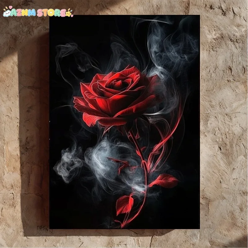2027,2D Flat, 2D Flat, 2D Flat Red Rose with Smoke Canvas Art, Modern Wall Art Poster for Living Room Bedroom Office, Aesthet