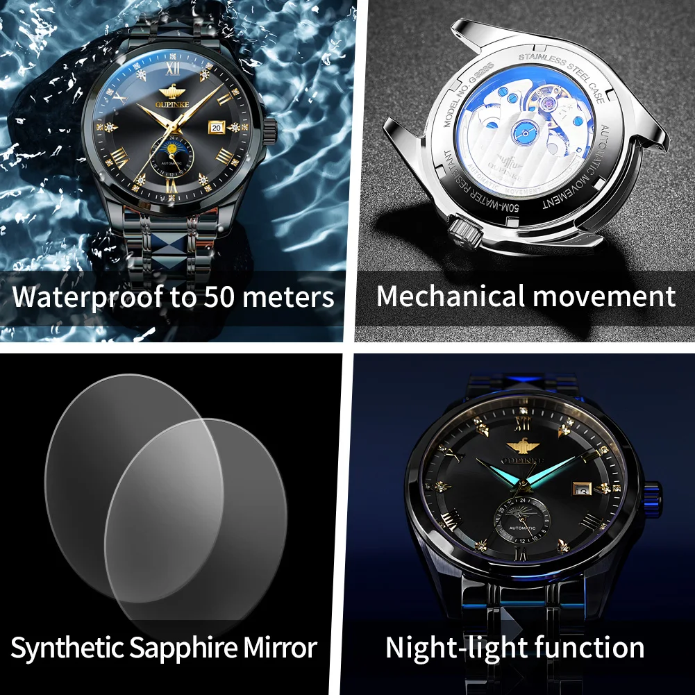 OUPINKE Nuovo 3265 Orologio meccanico da uomo Fashion Business All Automatic Watch Orologio da uomo con specchio in zaffiro HD con fasi lunari impermeabili