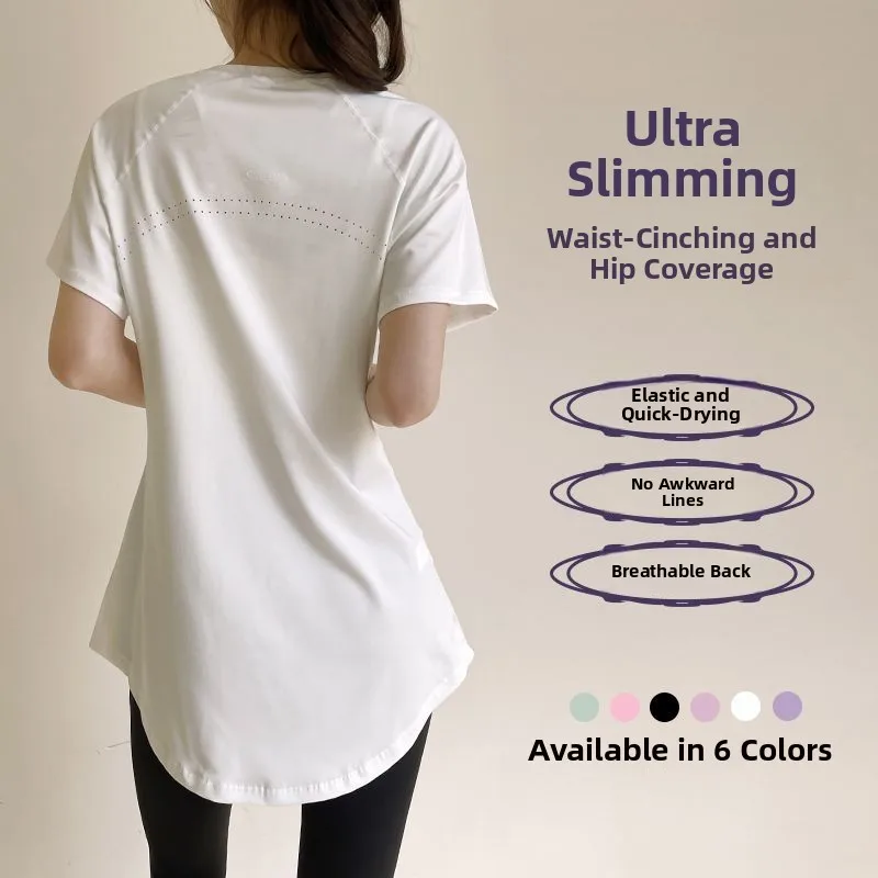 Women's Yoga Fitness Sport T-shirt Short Sleeve Breathable Quick Dry Large Size Mid-Length Butt Covering Slimming Top