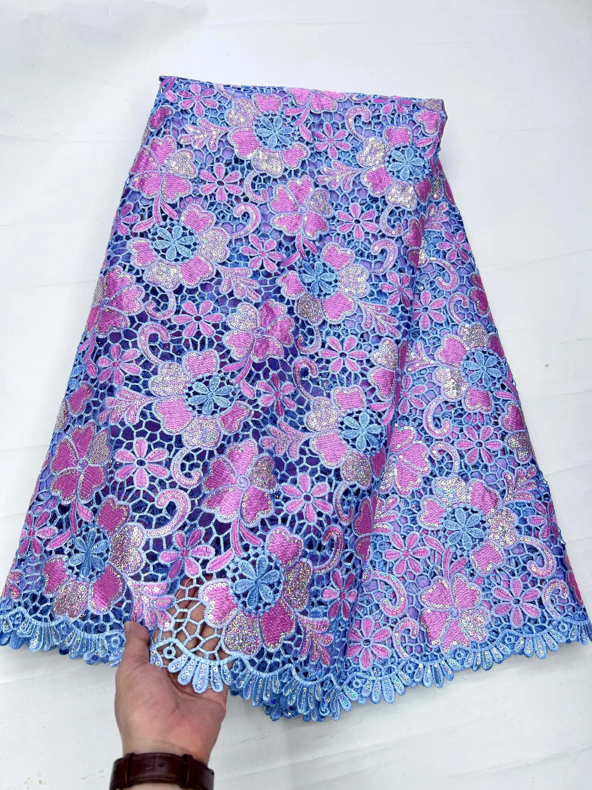 

New Arrival Sky Blue Pink African Cord Lace Fabric With Sequins 2025 Water Soluble Lace Fabric For Nigerian Women Dress LHD25185
