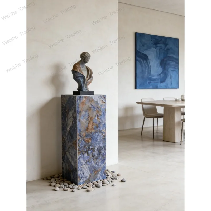 Light luxury marble booth TV cabinet next to floor-to-ceiling flower stand column stone pier porch bonsai ornament base