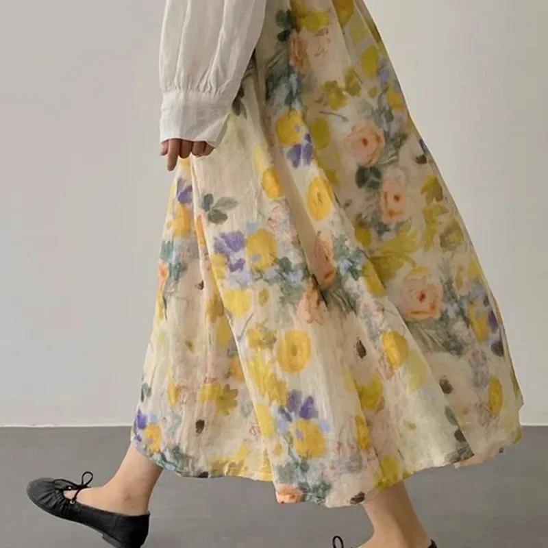 

2024 New Arrival Summer Women Casual Loose Elastic Waist Floral Print A-line High Waist Ankle-length Cotton Linen Skirt