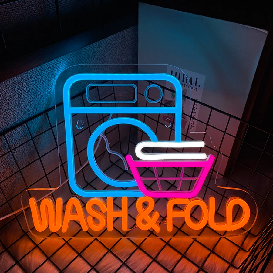 Wash & Fold Led Neon Sign, Wall Decor Of Laundry Room, Usb Powered, Business Sign Wall Lamp Of Family Bathroom And Laundromat.