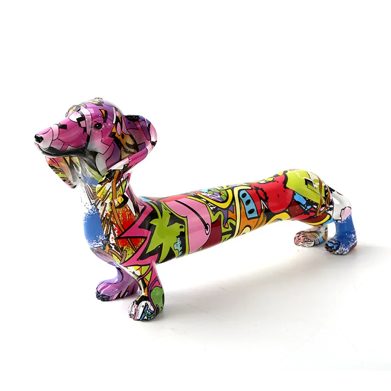 

Modern Graffiti Dachshund Statue Thermal Transfer Resin Painting Wiener Dog Sculpture Home Pet Art Ornament Decor Craft Gift