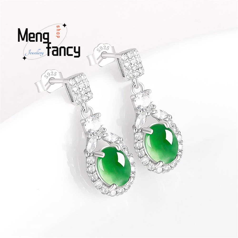 Elegant Natural A-goods Jadeite Yang Green Egg Ice Jade Earrings S925 Silver Inlaid Sexy Young Girls High-grade Fashion Jewelry