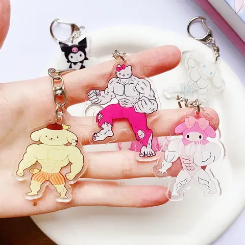 Funny Sanrio Muscle Dark Wind Keychain Kawaii Anime Hello Kitty Keychain Fitness Hunk Couple Melody Kuromi Bag Keyrings Pendant