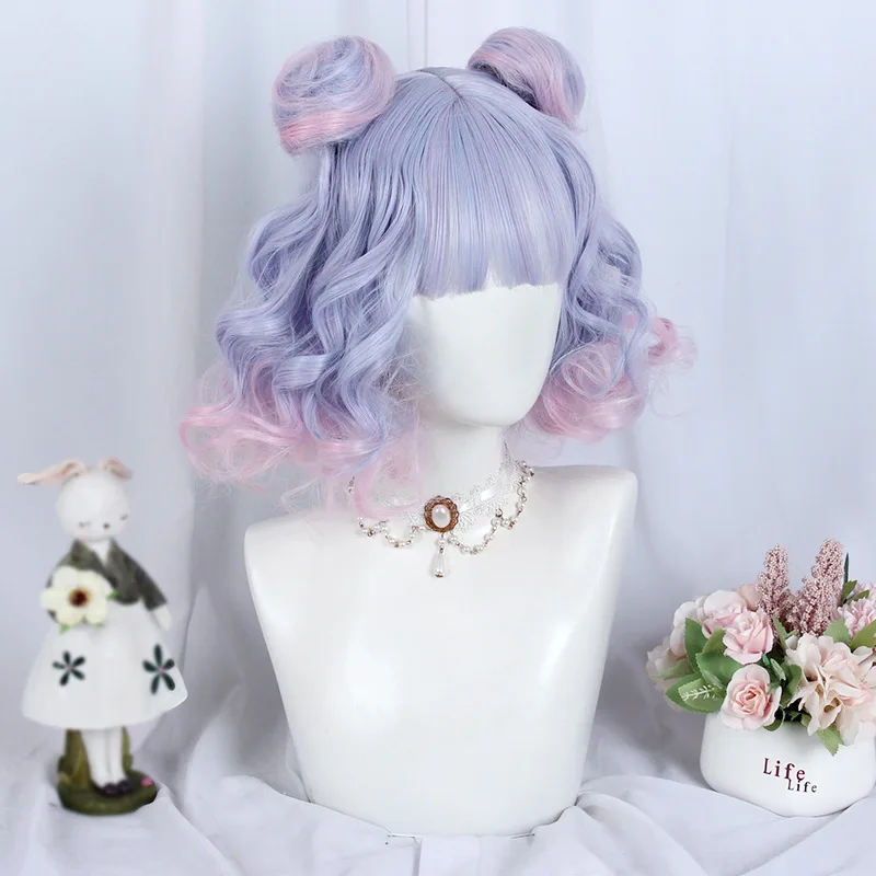 VICWIG-Peruca sintética encaracolada curta para mulheres, cabelo lolita diário com dois chignon, azul, roxo, rosa gradiente, cosplay de festa,