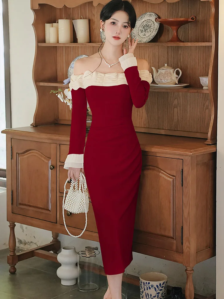 Women Red Patchwork Slash Neck Sexy Dress with Long Sleeve Autumn Winter Elegant Bodycon Dress 2025 Korean Fashion Casual Dress