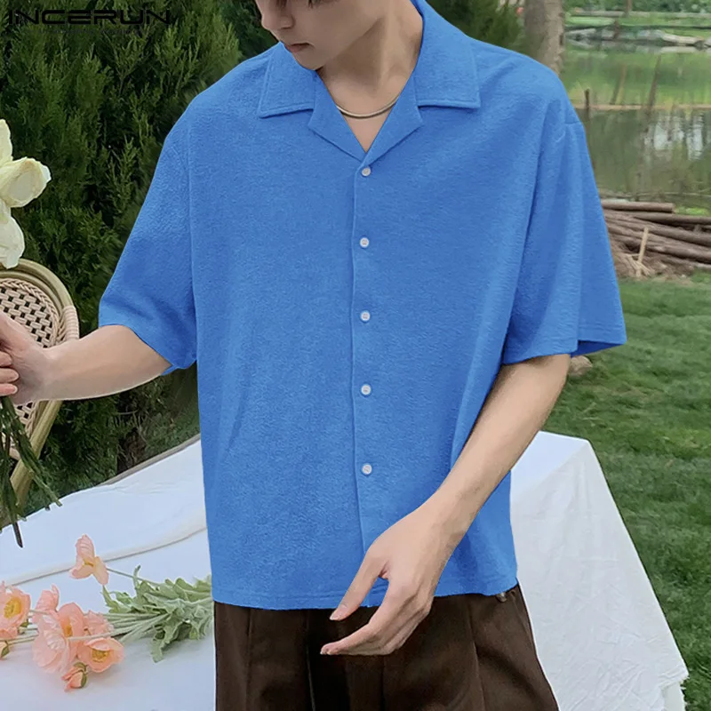 

Рубашка INCERUN мужская с отложным воротником, однотонная уличная одежда с короткими рукавами, модная повседневная Свободная рубашка в Корейском стиле, лето, 2024