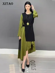 XITAO New Style Fashion Two Pieces Dress 2024 New Autumn Trendy Solid Color Long Sleeve Loose Irregular Women Dress LJ1080