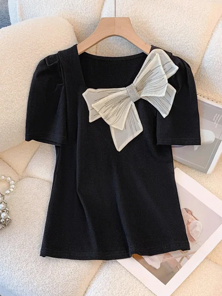 Oversize Elegant Sweater Women Stylish Korean Fashion Ladies Pullover Tops Summer Bow Collar Short Sleeve Chic Jumper