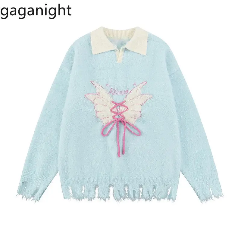 Gaganight Women College Style Tied Butterfly Pullover Knitted Sweater 2024 Winter New Loose Soft Sticky Imitation Mink Fur Top