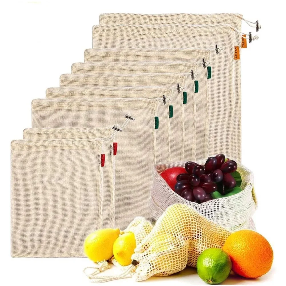 RALCA-9 PCS Set Of Reusable Mesh Produce Bags For Grocery, Vegetable & Fresh Produce Storage Cotton Bags