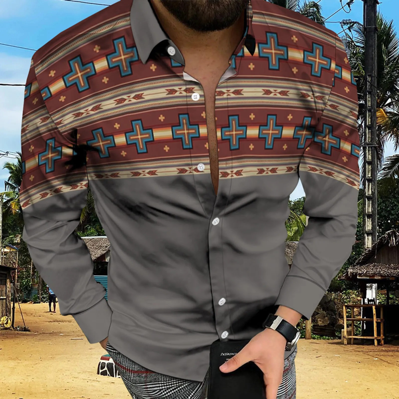 

Social Fashion Men Shirts Casual Buttoned Shirt Aztec Ethnic Print Long Sleeve Tops Blouses