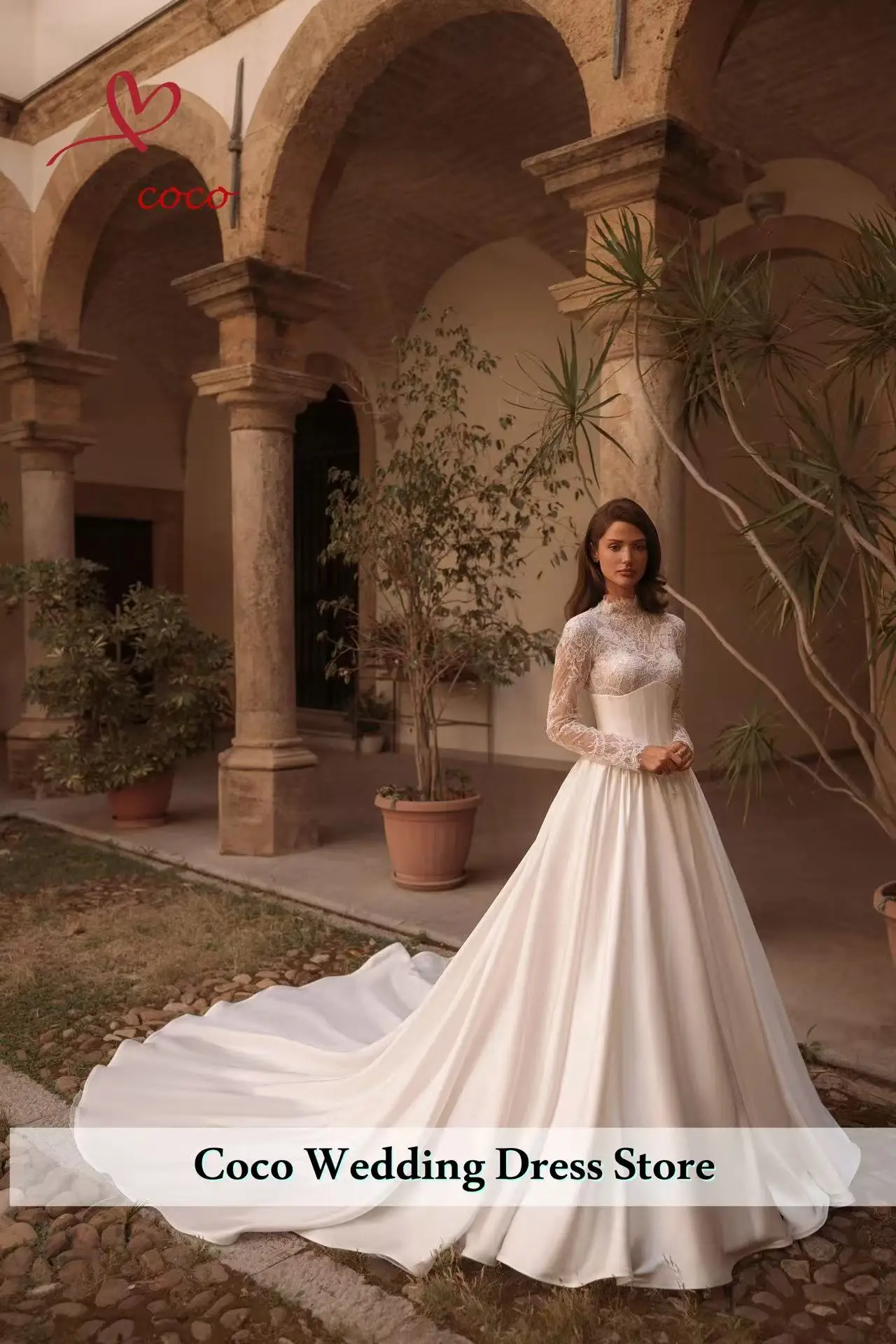 Customized Graceful Detachable Train Shiny Lace Long Wedding Dress High Collar Bridal Gown Satin Backless Dresses For Bride