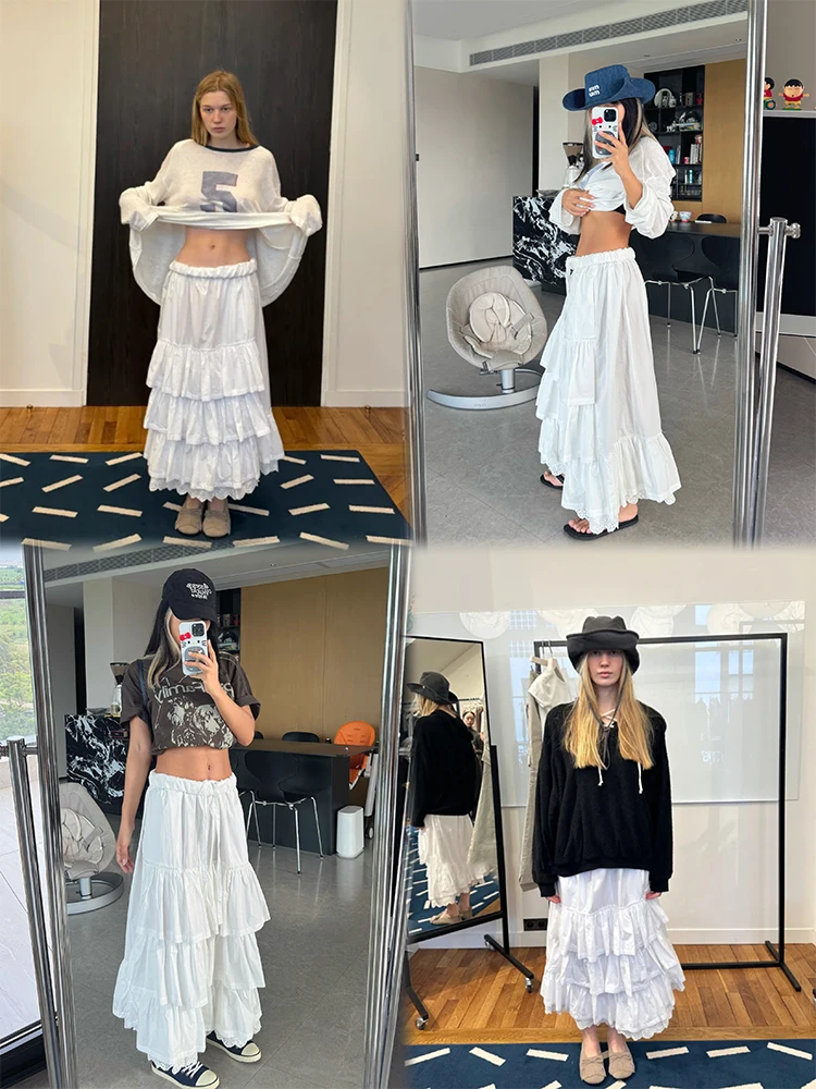 

Summer 2025 Long Lace Splicing Cake Skirt f-length Girls Aosphere Sensation White Cotton Gauze Pleated A-line Skirt