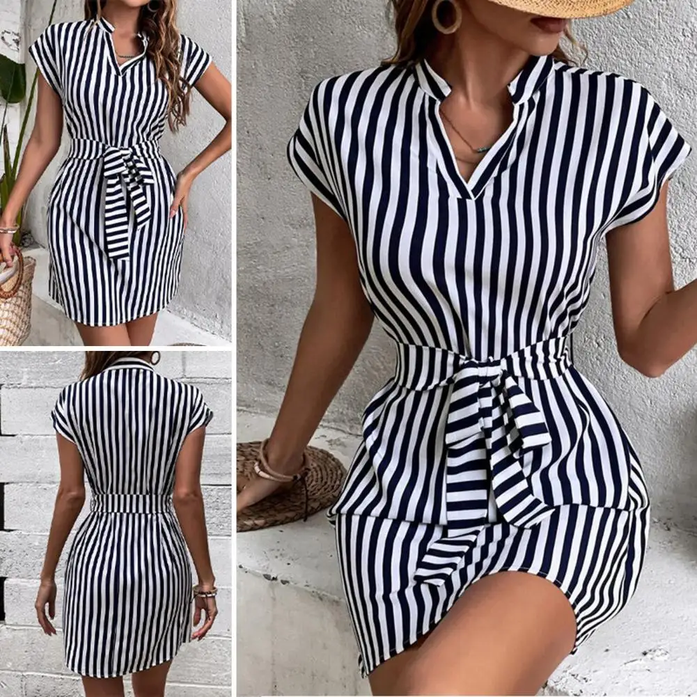 

Women Dress Striped V-neck Mini Dress with Waist-cinching Ties for Women Office Vacation Dress Vertical Print Summer Fashion