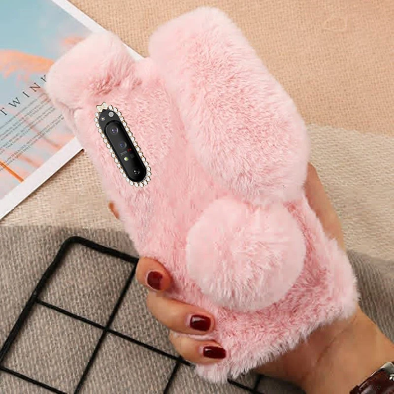 For Sony Xperia L4 L3 L2 Phone Case Rabbit fluffy fur soft silicone cover For Xperia 10 iii 5 1 II XA1 XA2 Ultra XZ1 XZ3 Case