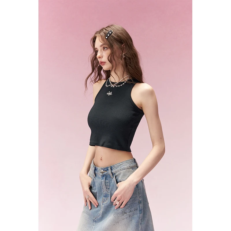 ELFSACK Fitted Tank Top with Minimalist Logo Embroidery & Stripes, Sweet Cool Slim Camisole for Women, Versatile Layering Basics