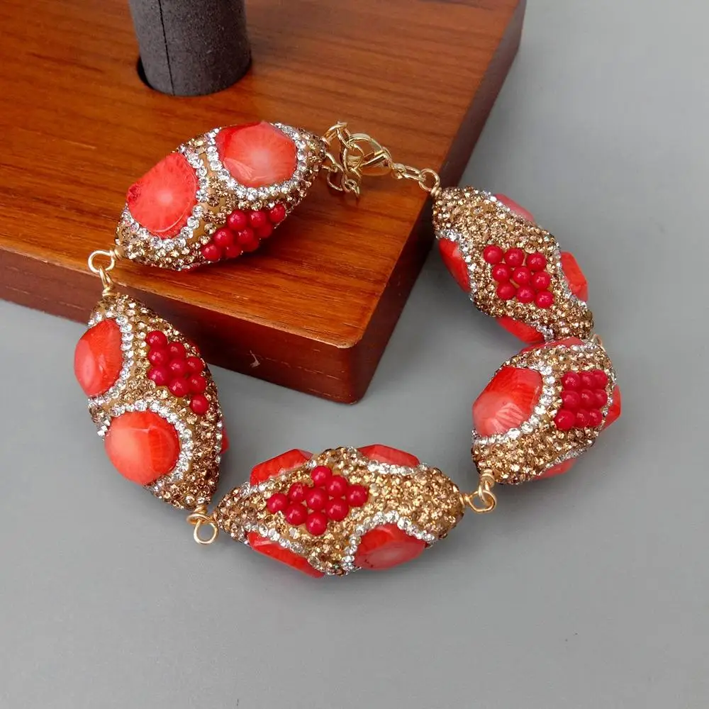 

KKGEM 18x35mm Golden Crystal Pave Orange Red Coral Bead Wrap Bracelet Fashionable Women