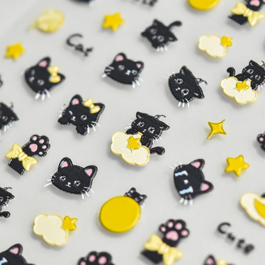 5D Embossed Lovely Naughty Black Night Cat Yellow Moon Stars Adhesive Nail Art Stickers Decals Manicure Engraved Ornaments