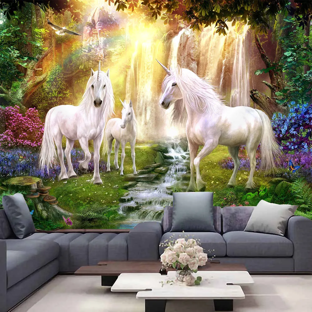 

White Horse Tapestry Psychedelic Unicorn Tapestry Home Decoration Cloth Forest Scenery Wall Hanging For Bedroom Living Room