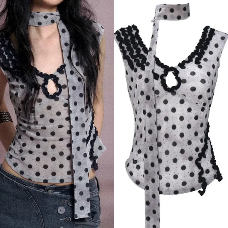

Топы и футболки в горошек Y2K Prepppy All-match Velvet Neploe Panelled Sweet Student Tanks Ror Girl Футболка Шарф Goth Fresh Tee Top