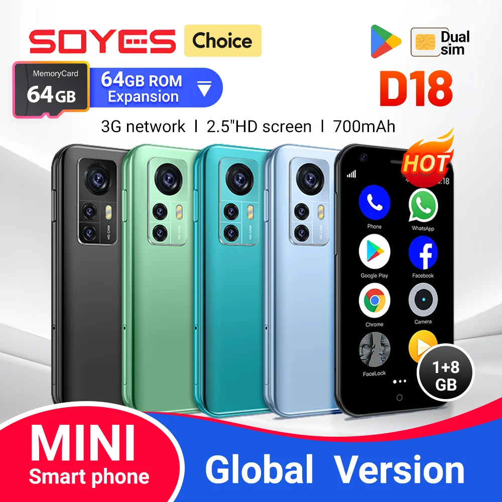 SOYES-D18 Mini Smartphone Android, Quad Core, Câmera Traseira de 5 Megapixels, Dual Sim, Dual Standby, Rede 3G, 700mAh