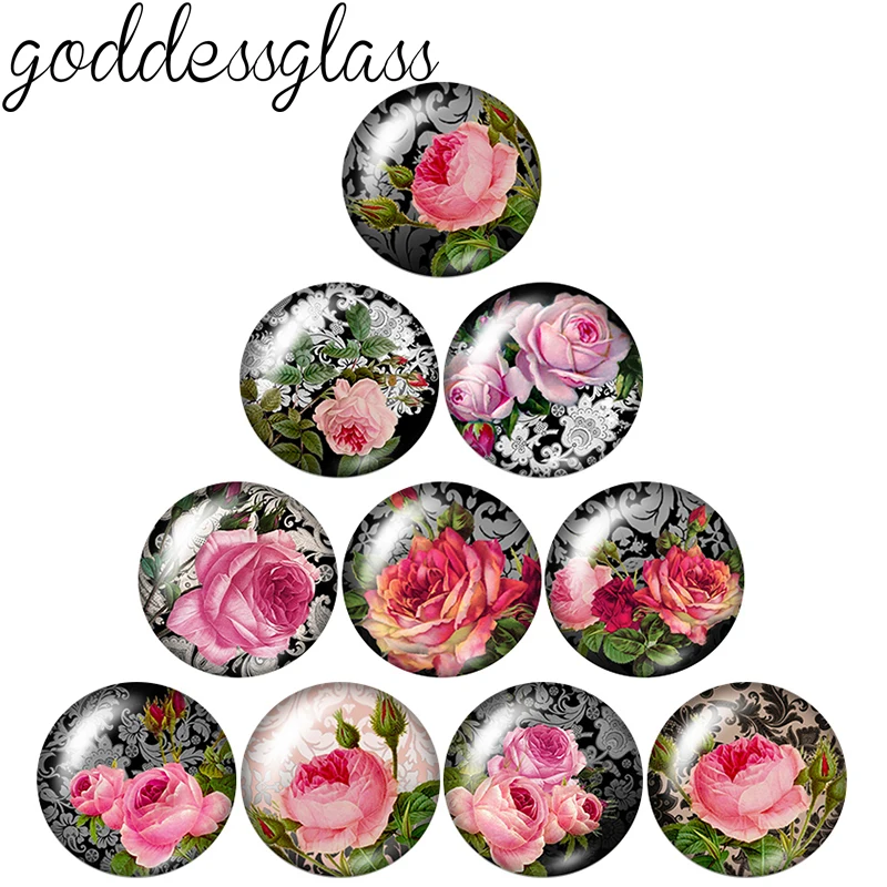 New Vintage Rose Flower Elegant Patterns 10pcs 12mm/18mm/20mm/25mm Round Photo Glass Cabochon Flat Back Necklace Making Findings