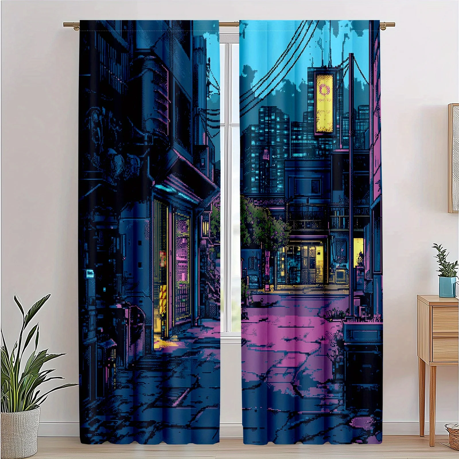 Cyberpunk City Curtains Neon Lights Urban Art Print Window Drapes Sci Fi Theme Home Decor Living Room Bedroom Unique Design