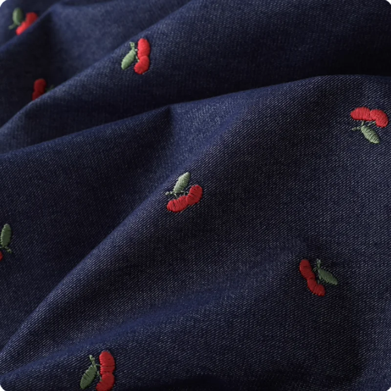 

Cherry embroidery denim dark blue polyester-cotton fabric for women's shirts clothing, DIY handmade clothing fabric