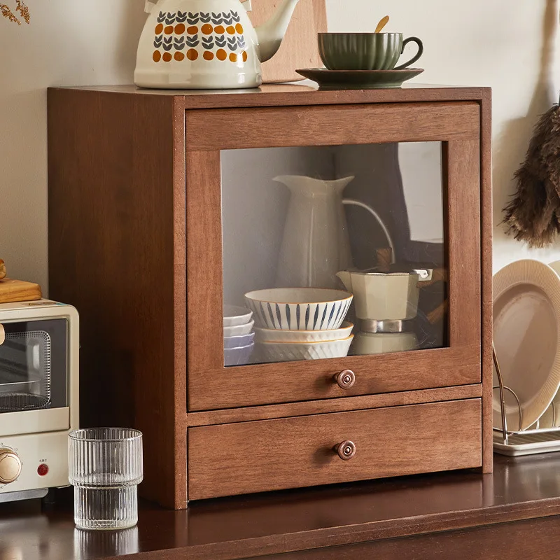 */*Solid Wood Desktop Storage Cabinet Household Shelf Dining Side Cabinet Countertop Tea Set Box Bookshelf Kitchen Storage Small