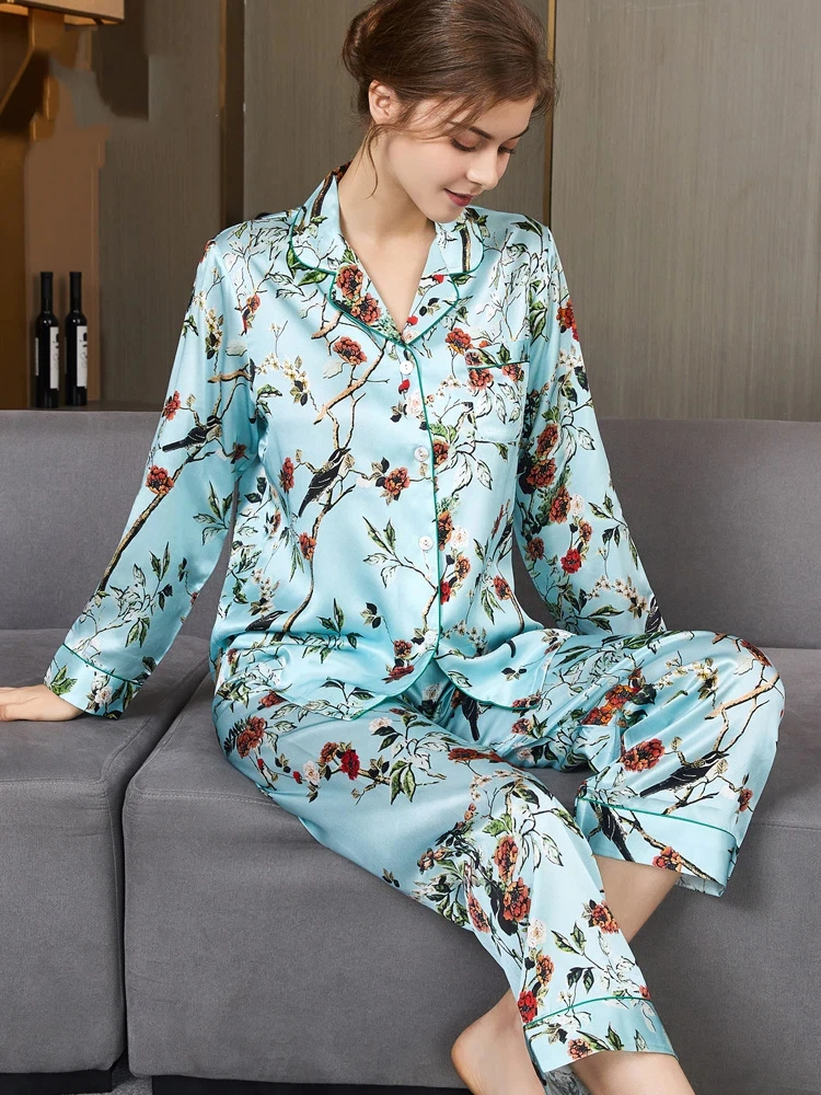 19MM 100% Mulberry Silk Pajama Set Women's Luxury Floral Cardigan Sleepwear with Long Sleeves & Pants Autumn Pajamas Loungewear