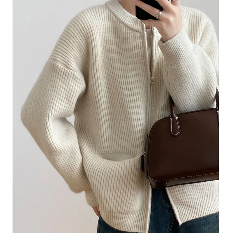 Sweater Cardigan Women Autumn Double Zipper Casual Korean Knitwear Coat Solid Color Loose Soft Long Sleeve Jackets Outerwear