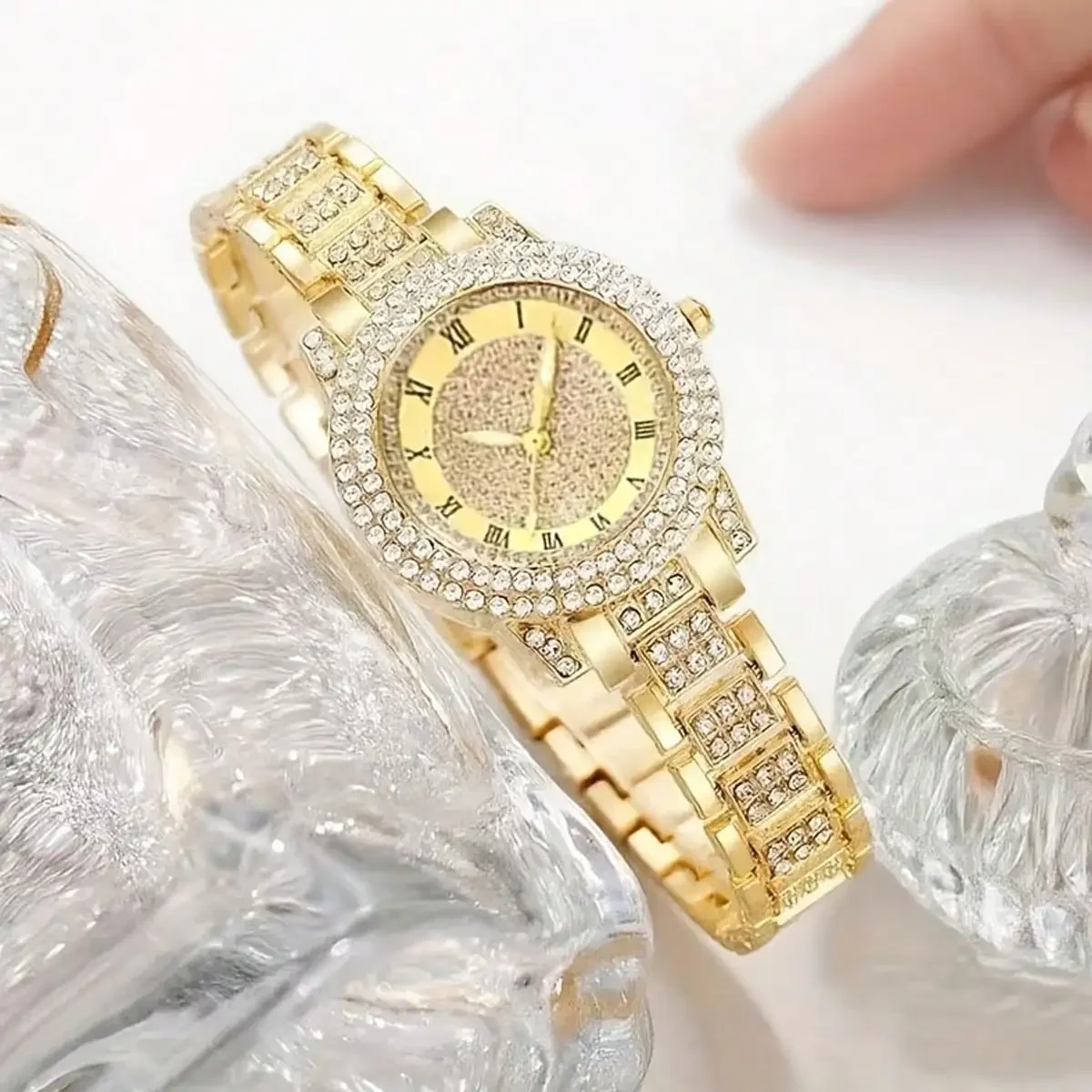 Women 4Pcs Gold Full Rhinestone Watch Jewelry Set Roman Dial Quartz Watch Bracelet Necklace Earrings, Gift Box Not Included