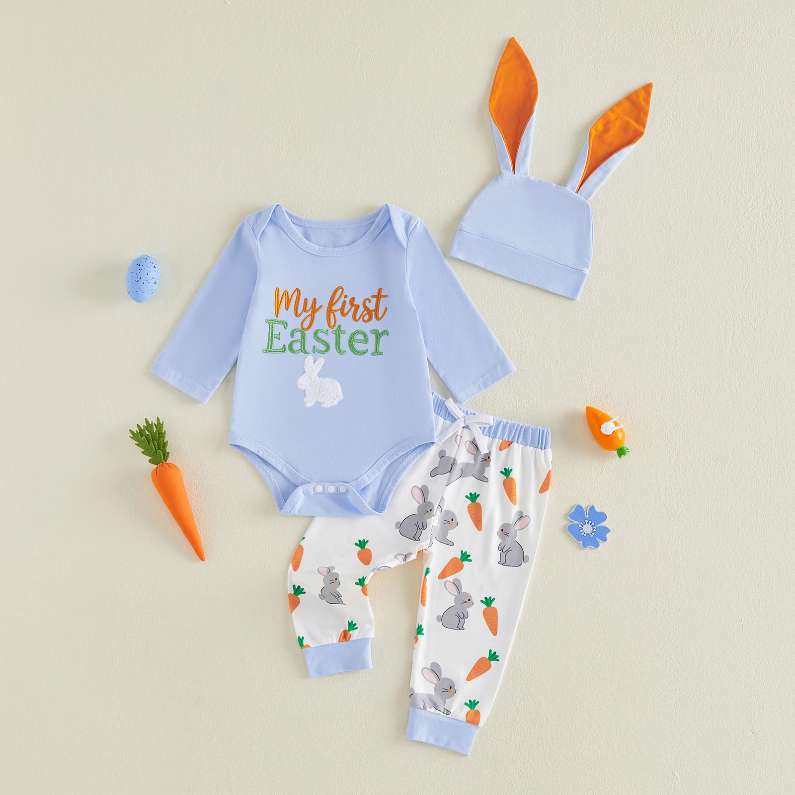 Spring Easter Infant Baby Boys Outfit Long Sleeve Letters Romper Bunny Carrot Print Pants Hat Fall Outfit Clothes