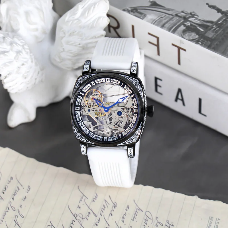 

A men's white tape casual sports five-point star hollow fully automatic mechanical watch