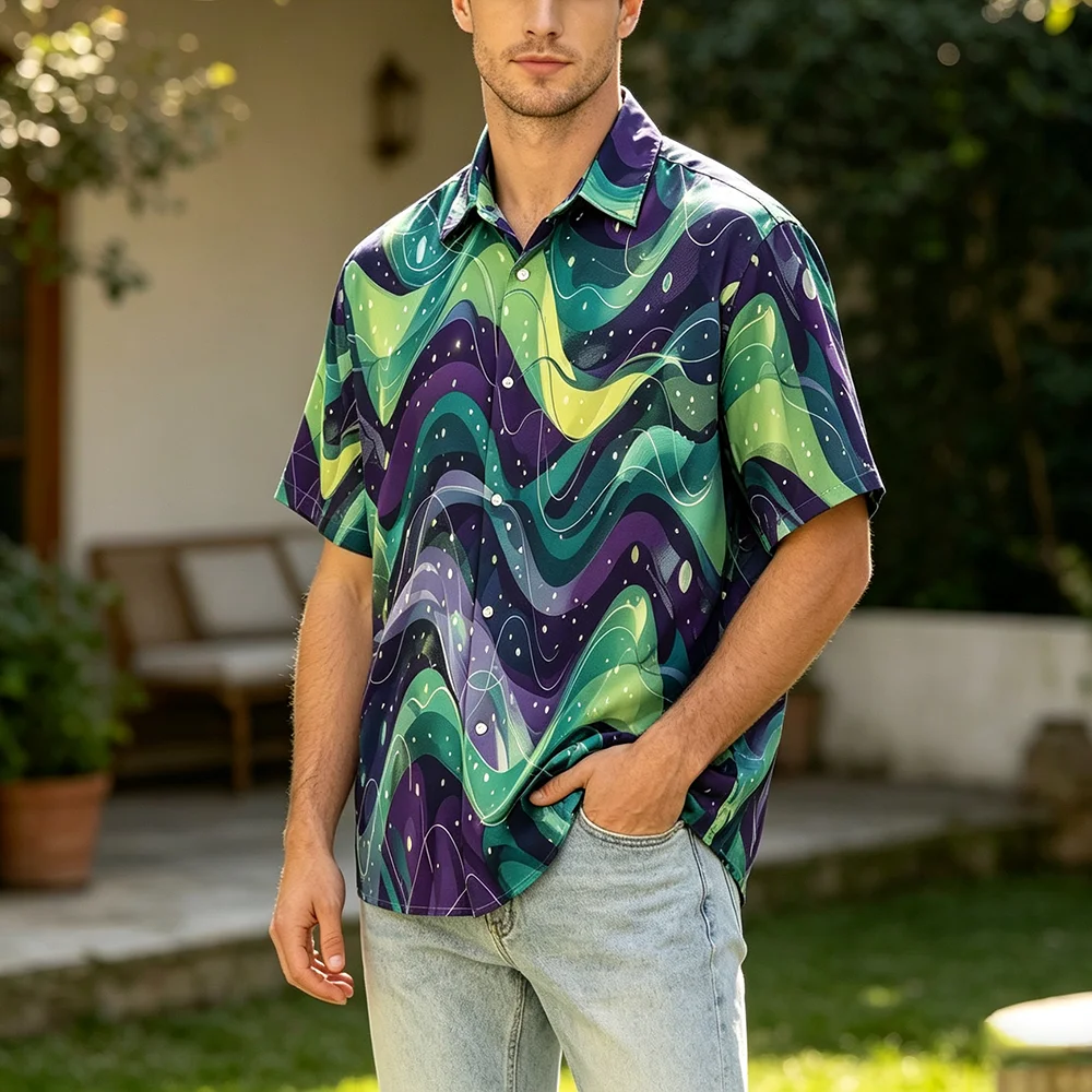 2026 New Aurora Nebula Wave Print Men's Outdoor Street Fashion Short Sleeve Tops Loose Casual Soft Cotton Holiday Beach Shirt