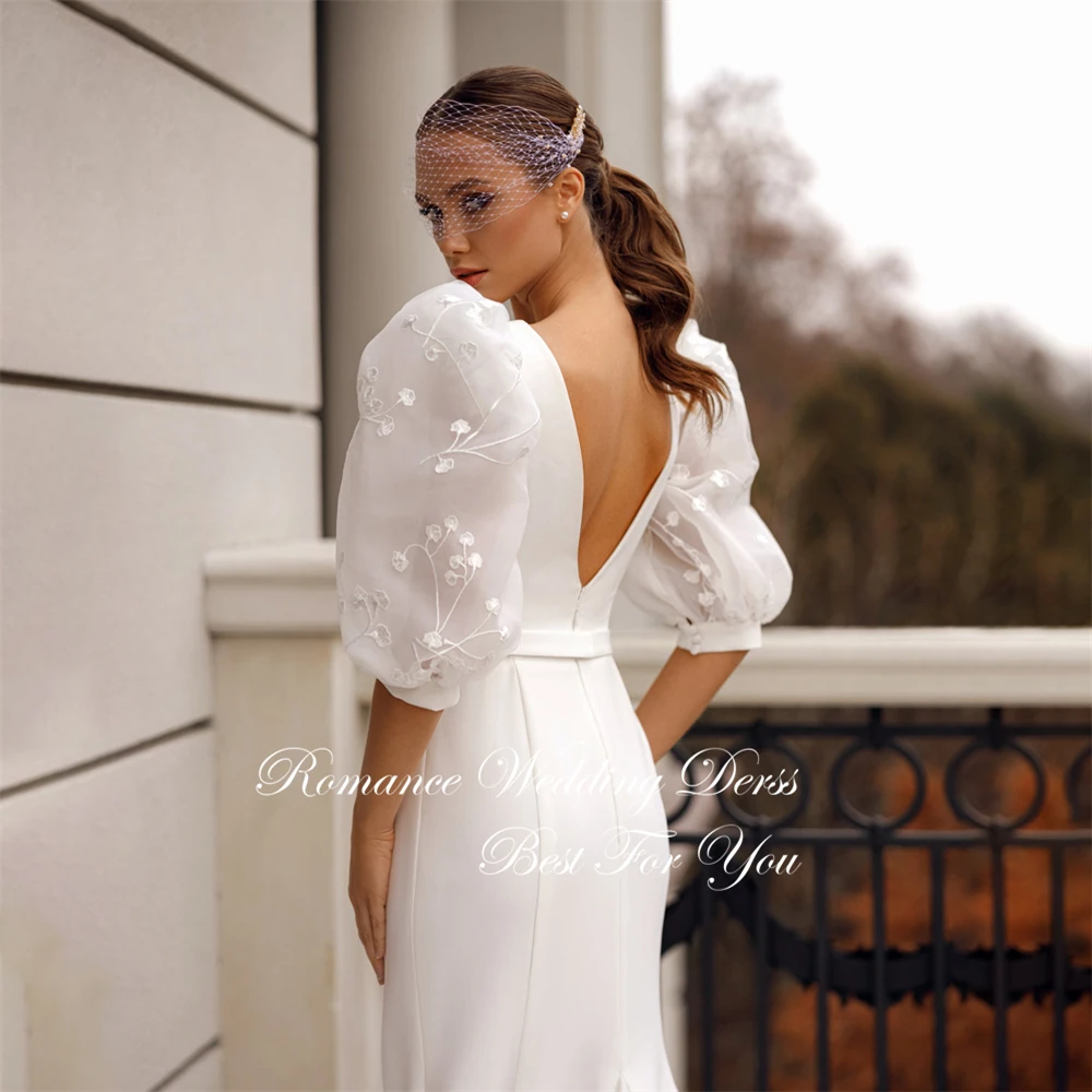 Vestidos De Novia sencillos De sirena con cuello redondo, fajas con mangas abullonadas De encaje, espalda abierta, tren De barrido, Vestidos De Novia personalizados