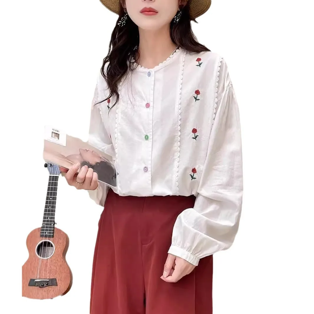 Japanese Mori Girl Vintage Flowers Embroidery Blouse Women Spring Autumn Long Sleeve 100% Cotton White Loose Shirts Blusa Tops