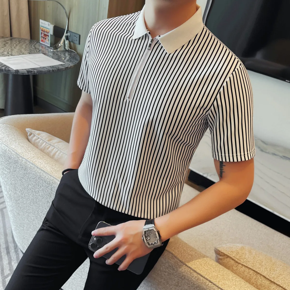 

Men Pinstripe Polo Shirt - Summer Business Casual Half-Zipper Turn-Down Collar Versatile Short Sleeve Top Stylish Everyday Wear