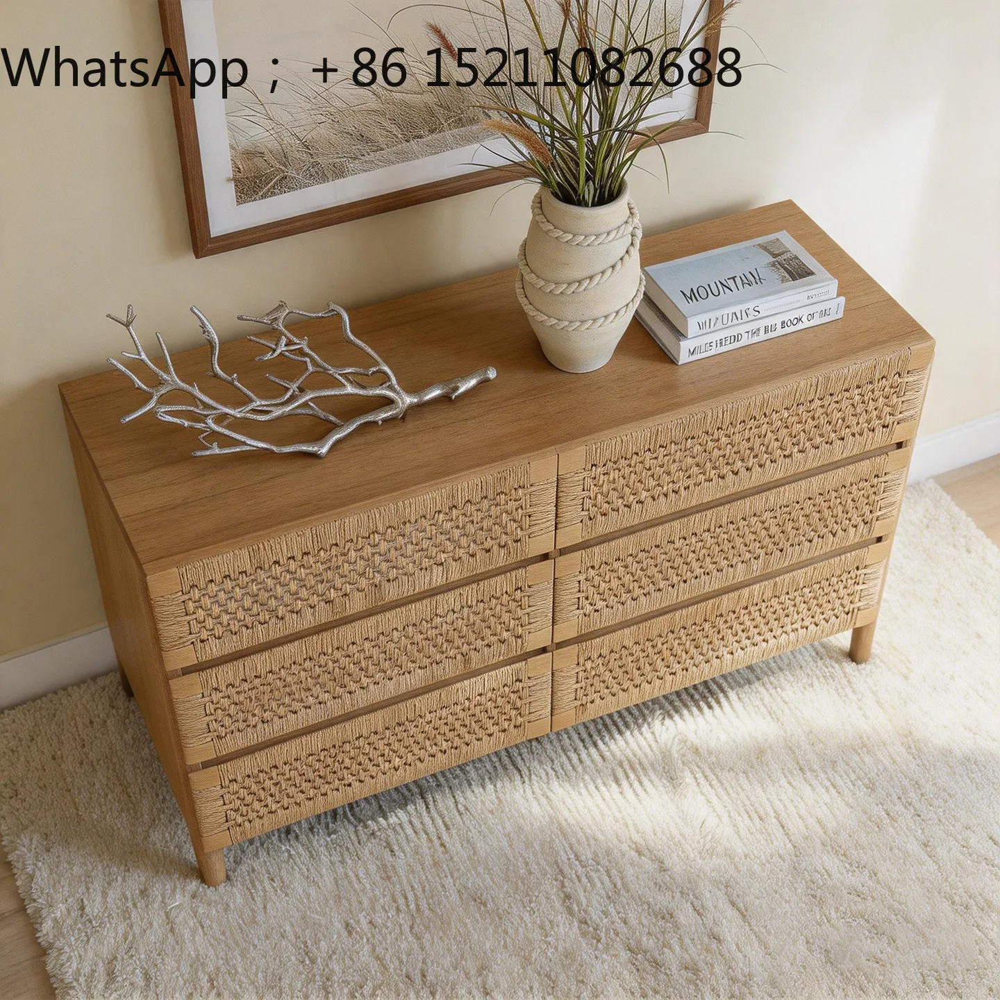 SCY solid wood chest, aquatic grass rattan, drawer storage cabinet, bedroom wall locker