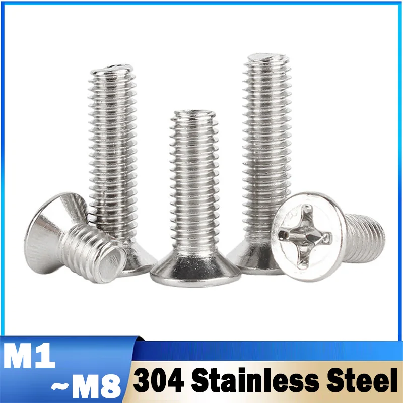 M1 M1.2 M1.4 M1.6 M2 M2.5 M3 M4 M5 M6 M8 304 Stainless Steel Cross Phillips Flat Countersunk Head Screw Bolt Machine Screw
