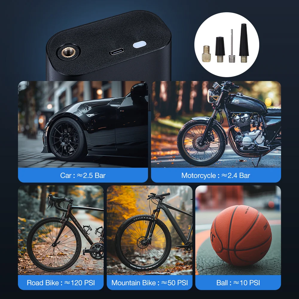 LAOTIE Q7 Mini Electric Bike Air Pump 150PSI 4000mAh Type-C Rechargeable LED Digital Gauge High Pressure Display Portable Cycle