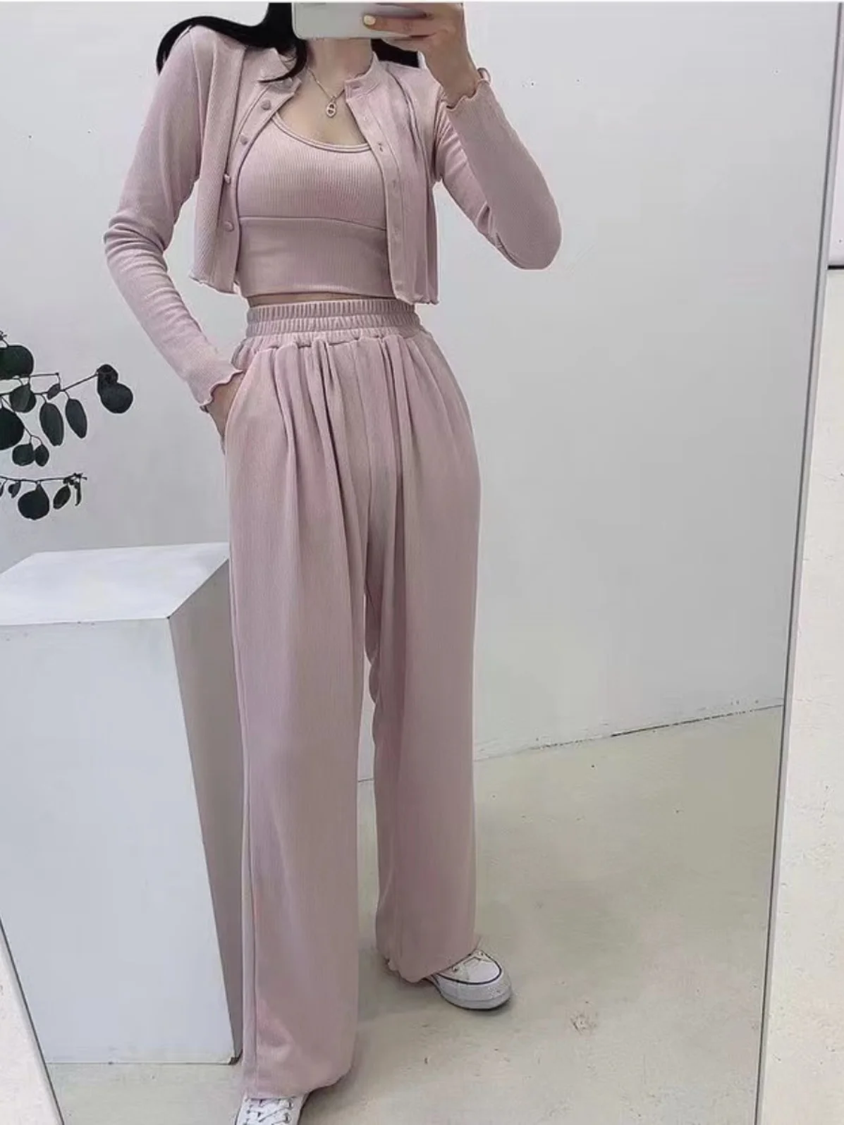 Canotta elastica Tead Or Sve e pantaloni a gamba dritta Set da donna Faion Spring Outfit Materiale in cotone Drapey Sle