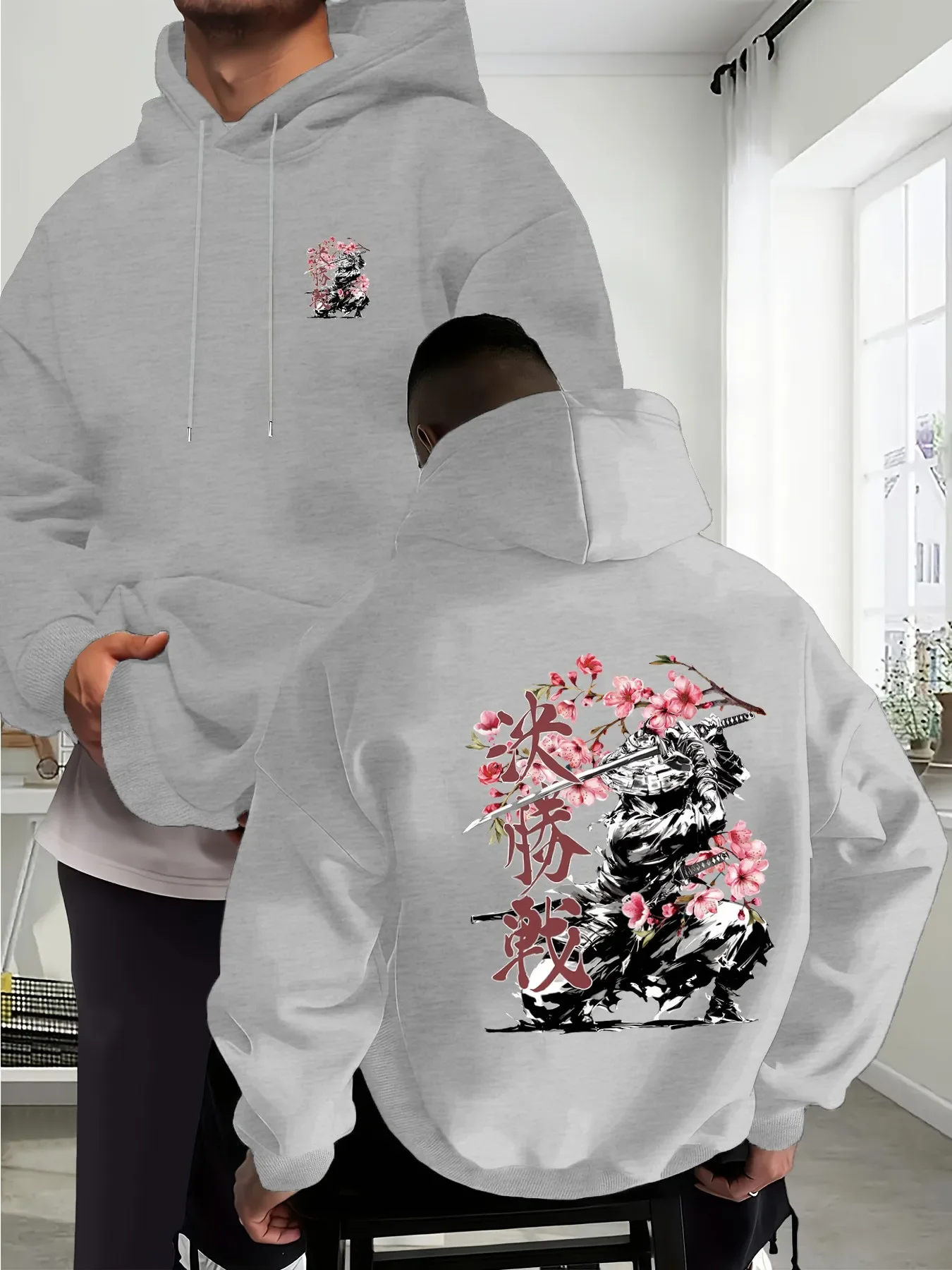 Vintage Japanese Ink Samurai Sakura Hoodie Men Women Back Big Samurai Warrior Katana Cherry Blossom Art Print Oversized Casual